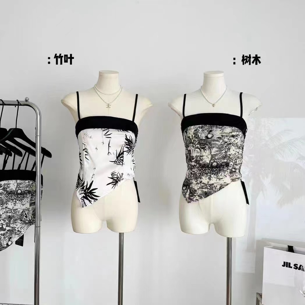 新中式復古水墨畫吊帶小背心女夏季純欲甜辣妹不規則短款抹胸上衣