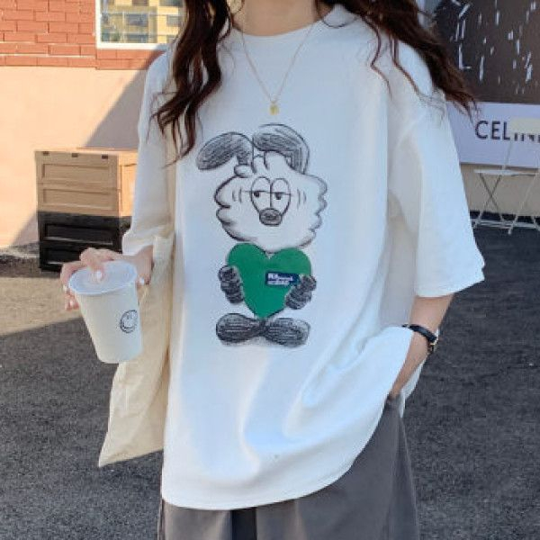灰色兔子印花短袖t恤女春夏裝圓領韓版半袖上衣潮