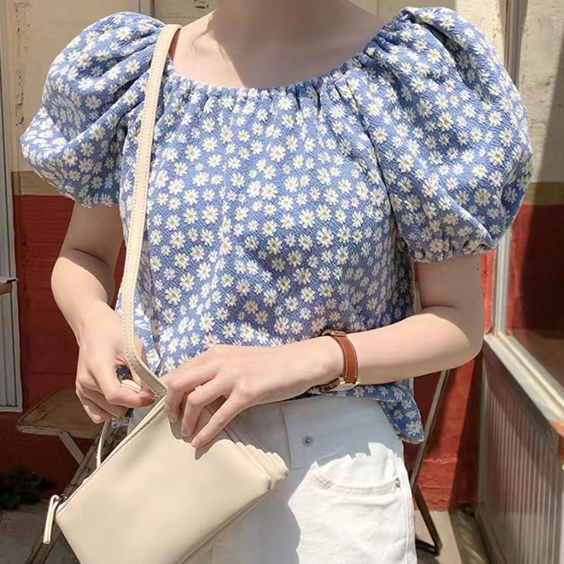韓版溫柔甜美風小雛菊碎花露肩泡泡袖襯衫女夏季寬鬆韓版短袖上衣