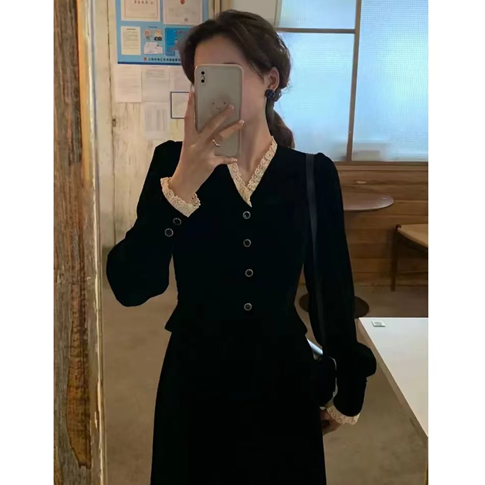 2024春秋小優雅~顯瘦實在超絕！別致的假兩件絲絨連衣裙 法式高腰