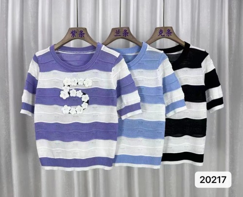 2024夏季新款韩版镂空撞色条纹立体花短袖上衣女