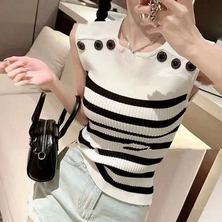 小香風高級感無袖背心女紐扣撞色條紋修身顯瘦氣質百搭針織衫上衣