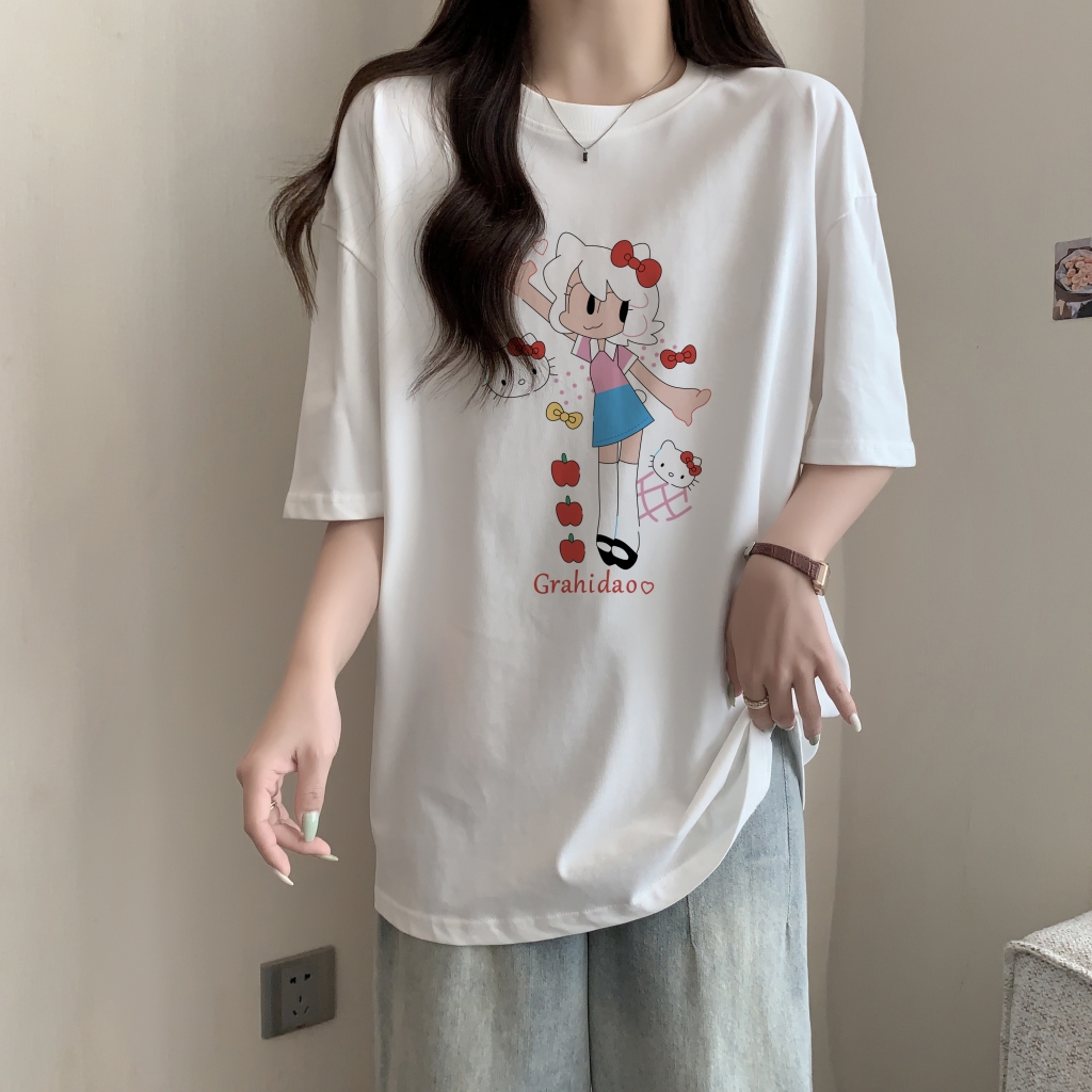 實拍 100%棉精梳純棉 印花夏裝短袖T恤女寬鬆韓版