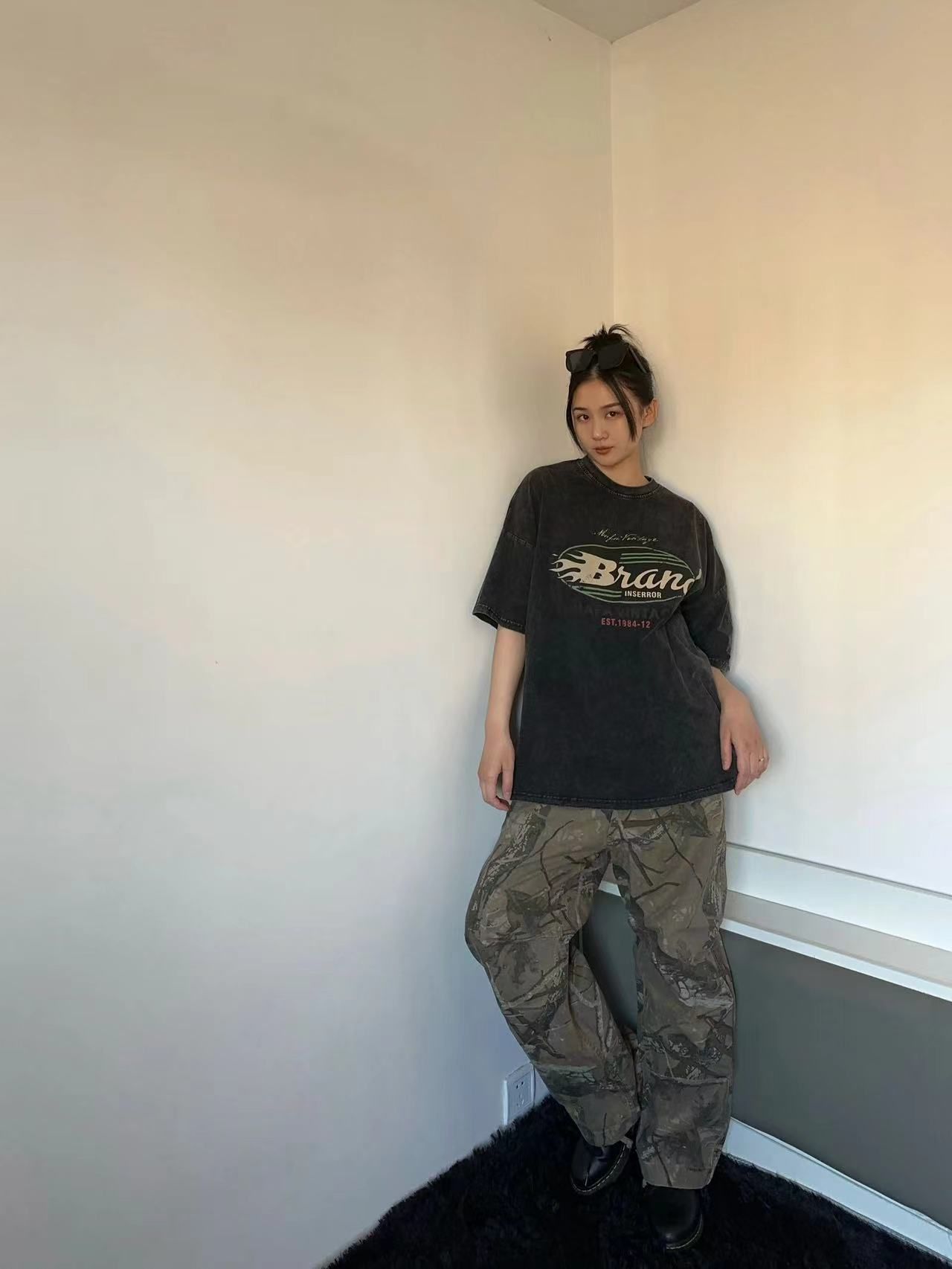 純棉230克21支精梳緊密直播品質水洗做舊前 印花短袖T恤女