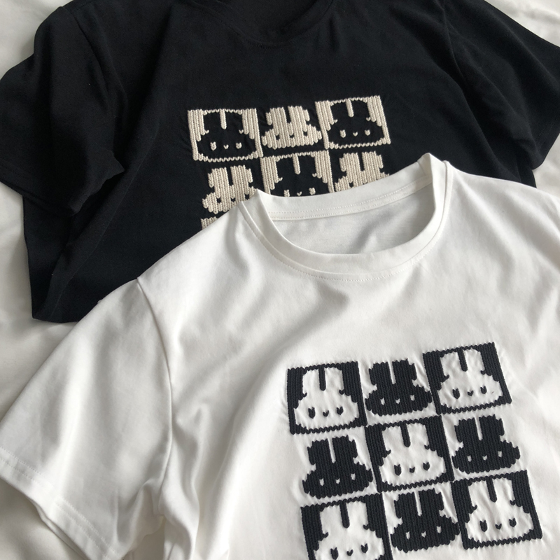 純棉後包條200克精梳緊密 新款短袖t恤女刺繡兔子 天貓質量
