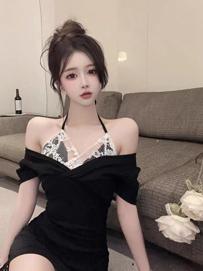 復古純欲風設計感假兩件蕾絲拼接性感露肩法式小眾甜辣收腰連衣裙