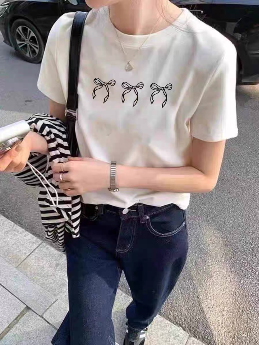 2024春夏韓版新款簡約蝴蝶結刺繡圓領短袖T恤女百搭減齡上衣