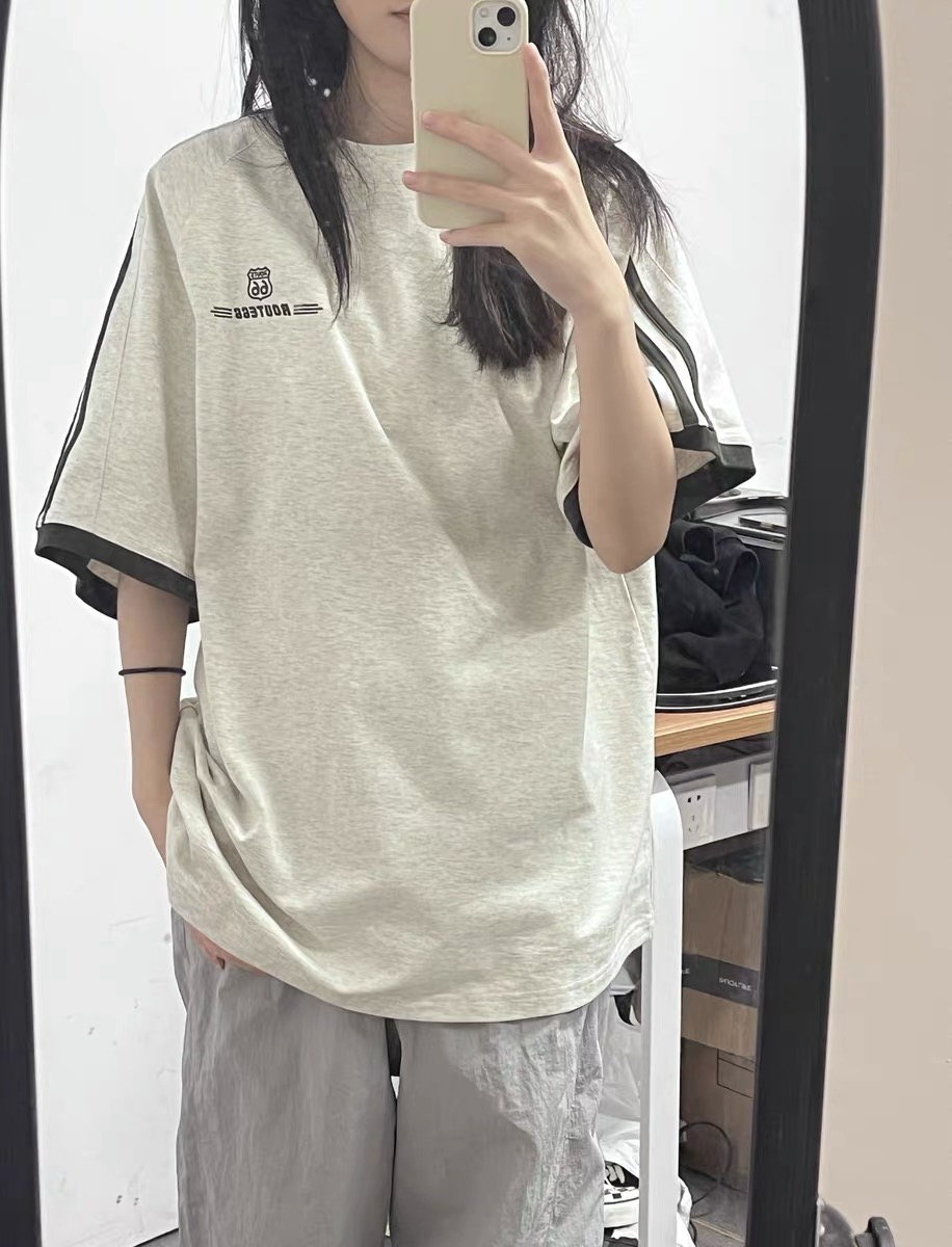 小紅書原版 200克純棉精梳緊密三條槓復古撞色拼接T恤