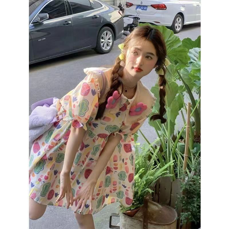 韓系甜美小清新減齡立體花朵娃娃領連衣裙女學生
