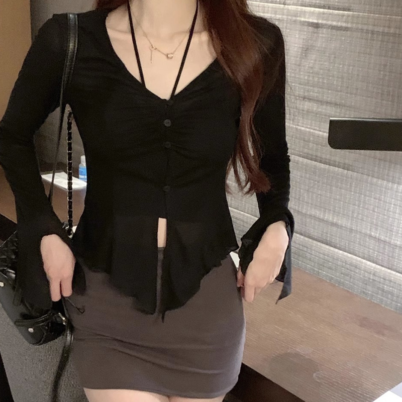 官網圖 防曬開衫女純欲黑色夏季新款薄款設計感V領喇叭長袖上衣