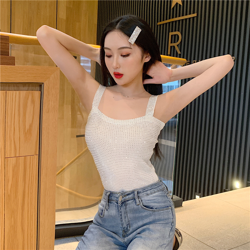 夏季帶鑽高腰吊帶背心網紅冰絲性感露肩抹胸式無袖上衣女