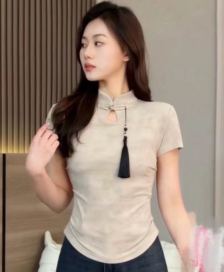 新中式國風扎染短袖t恤女2024夏季新款復古盤扣掐腰修身半袖上衣