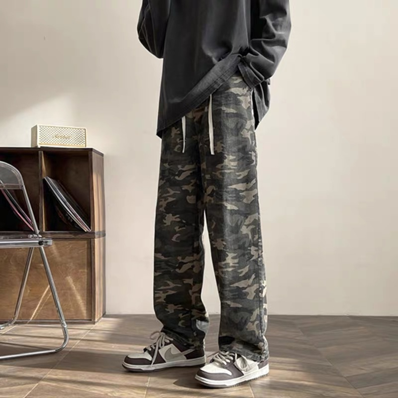 鬆緊腰迷彩牛仔褲男女歐美高街vibe褲子美式復古hiphop寬鬆直筒褲