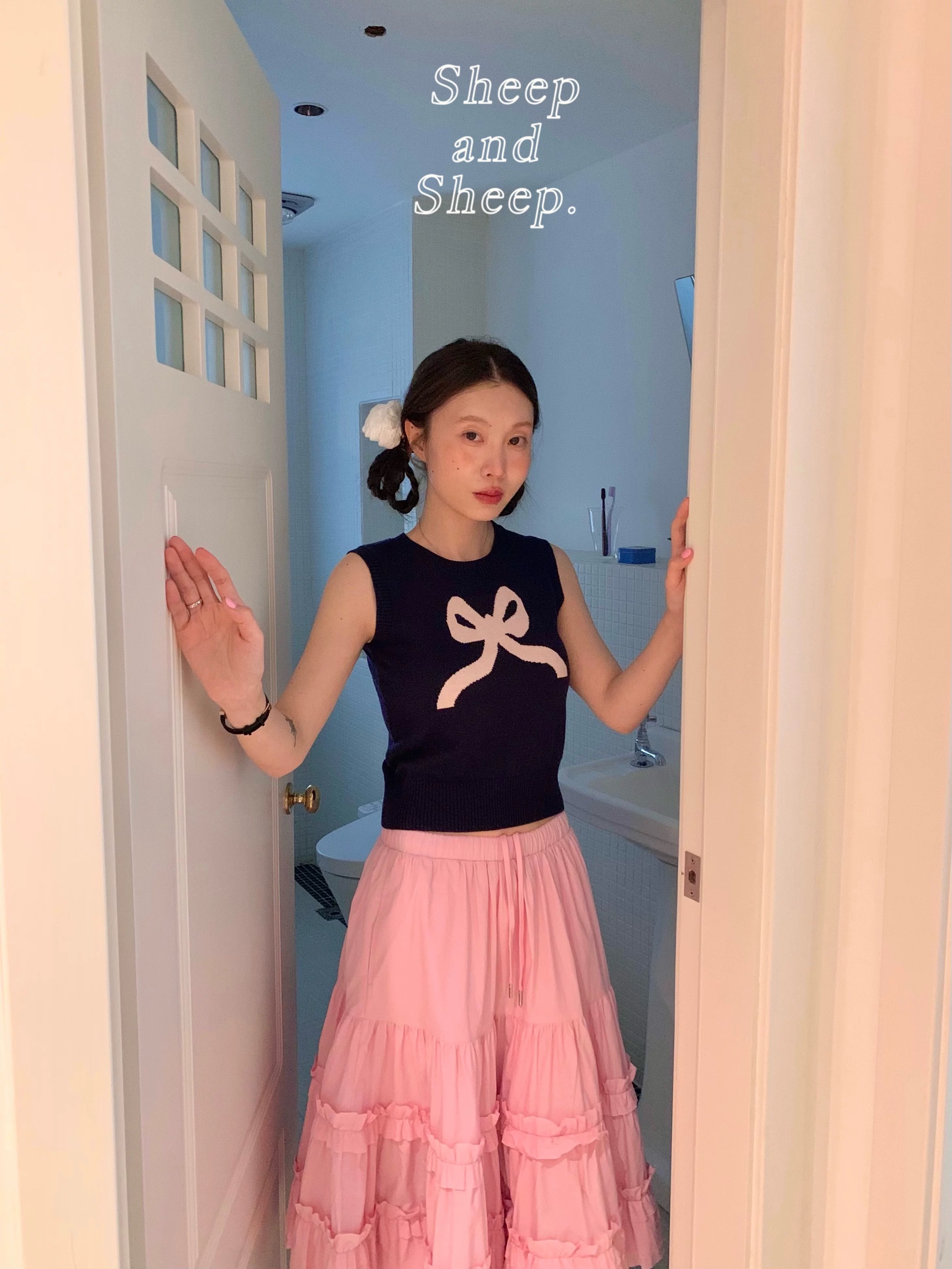 ovinsyang 蝴蝶結針織背心女內搭外穿甜美少女小個子短款無袖上衣