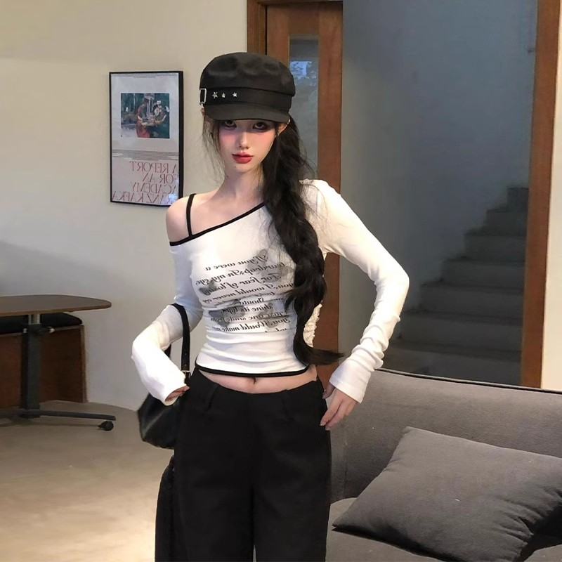 美式辣妹性感白色斜肩吊帶T恤設計感印花上衣