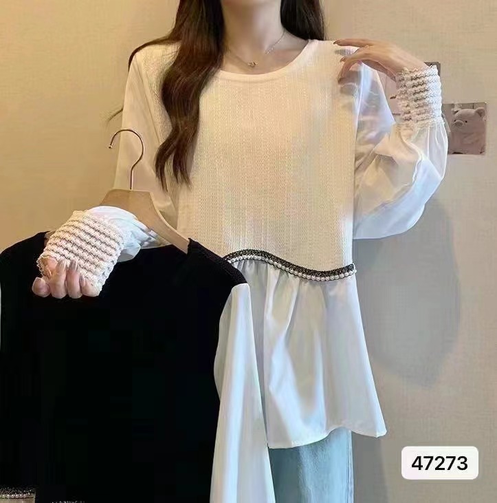 新款法式氣質圓領針織釘珠拼接襯衣長袖上衣女2024春夏ins潮淑女~