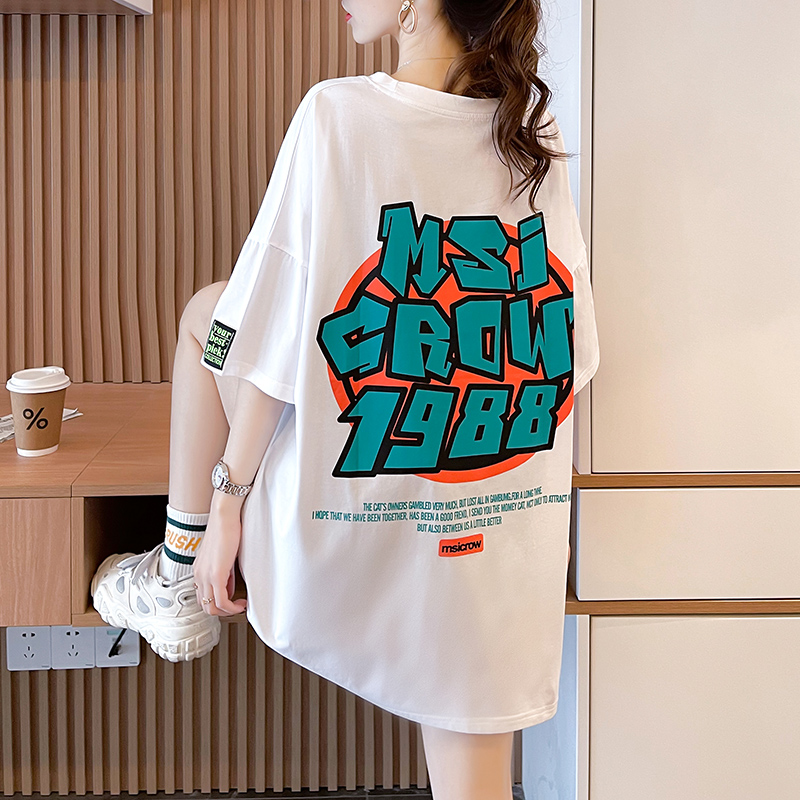 實拍 2024新款夏季韓版寬鬆大碼中長款字母印花短袖T恤女