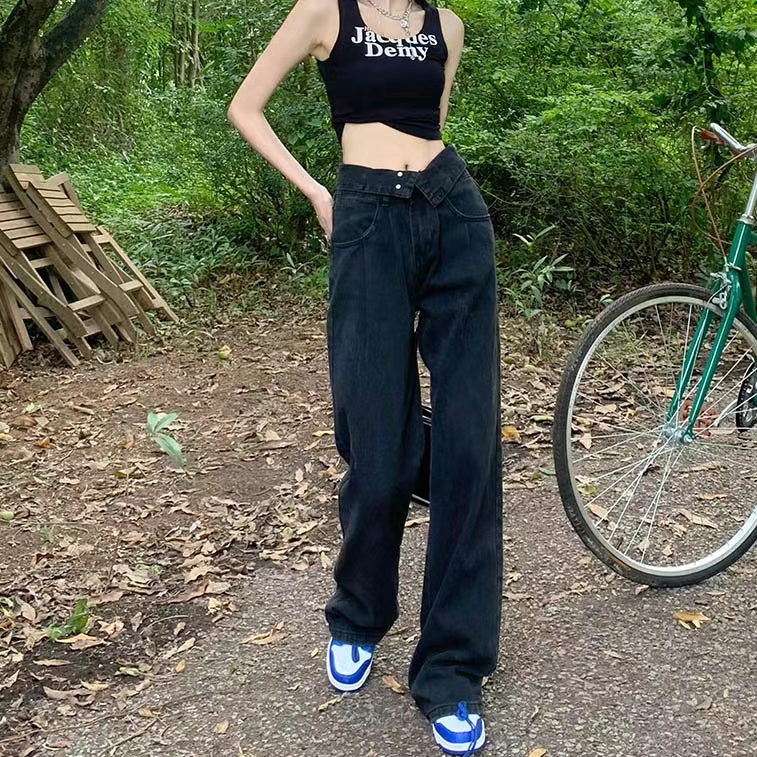 復古闊腿牛仔褲女2024年春季新款高腰寬鬆設計感小眾直筒褲