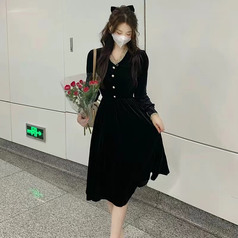 2024新款氣質女裝圓領長袖顯瘦中長裙花邊拼接連衣裙女