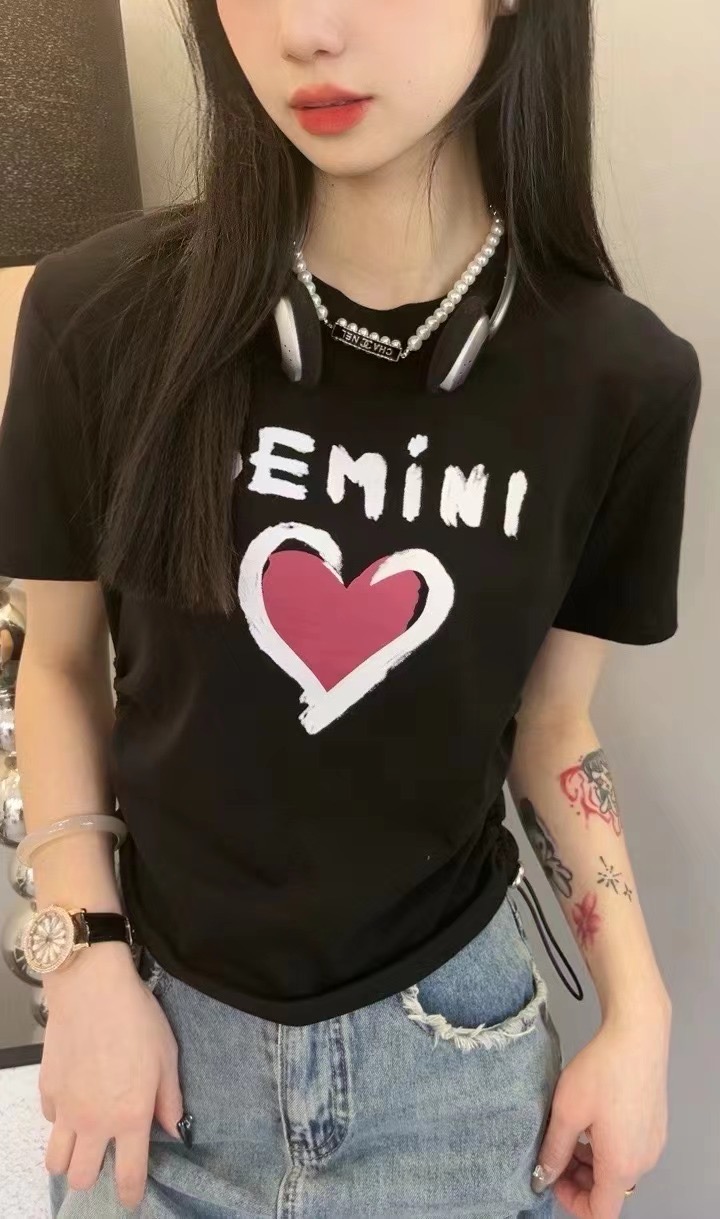 設計感愛心字母印花抽繩短袖T恤女2024春夏新款修身顯瘦小衫上衣
