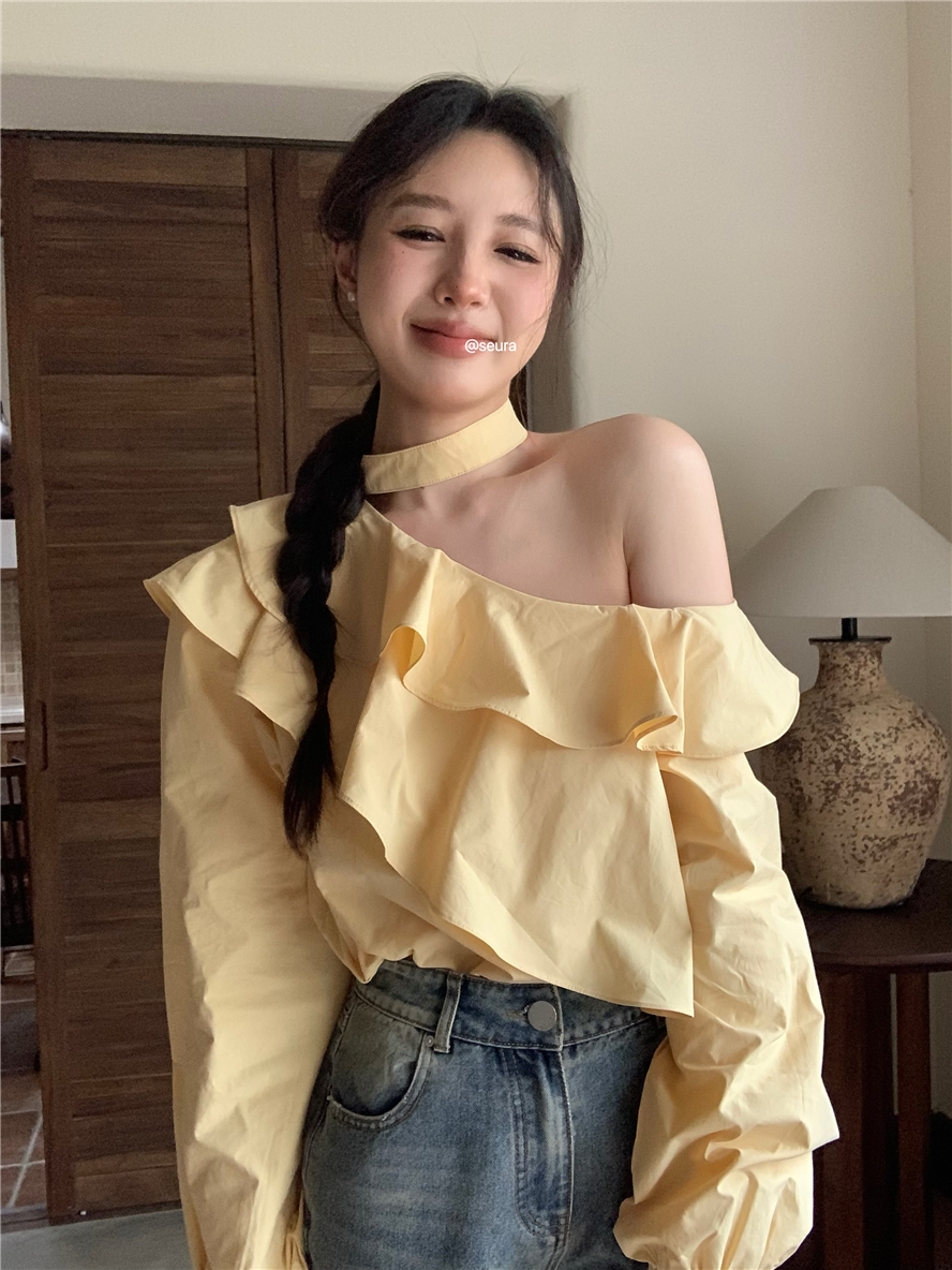 實拍 斜領掛脖露肩襯衫性感減齡上衣