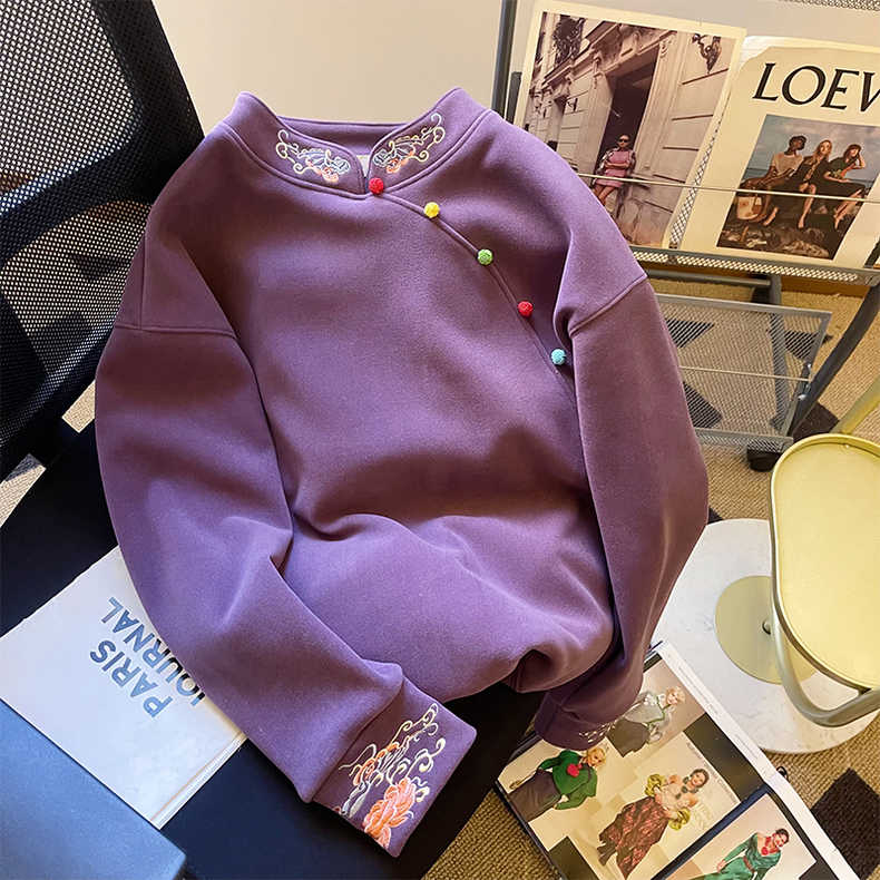 紫色國風刺繡旗設計圓領衛衣女冬季加絨加厚oversize超火寬鬆上衣