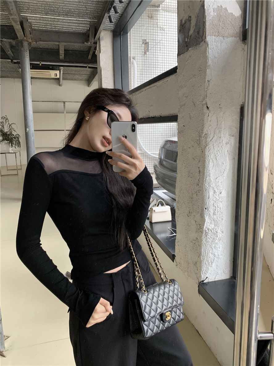 實拍 半高領黑色網紗性感打底衫內搭別致絕美上衣