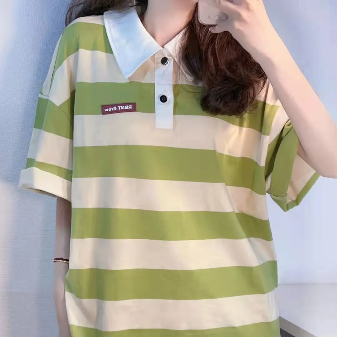日系條紋POLO領上衣男女夏季短袖T恤