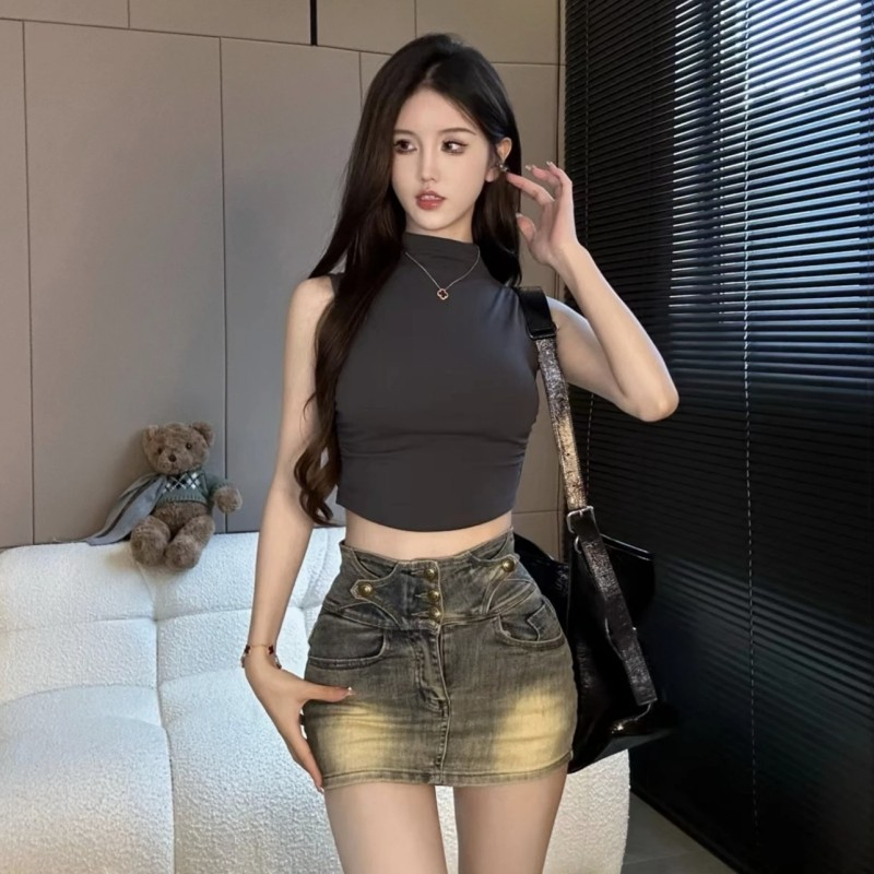 半高領無袖背心女裝夏季新款修身顯身材上衣純