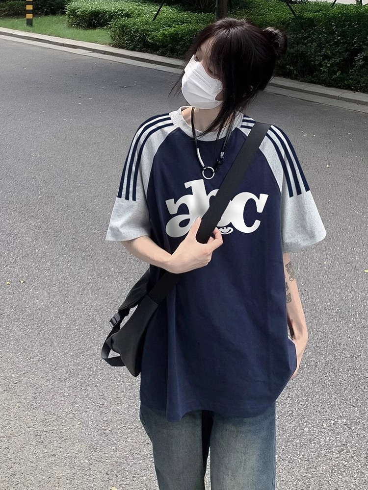純棉 天貓質量 潮牌慵懶風小眾寬鬆百搭插肩袖三條槓短袖T恤