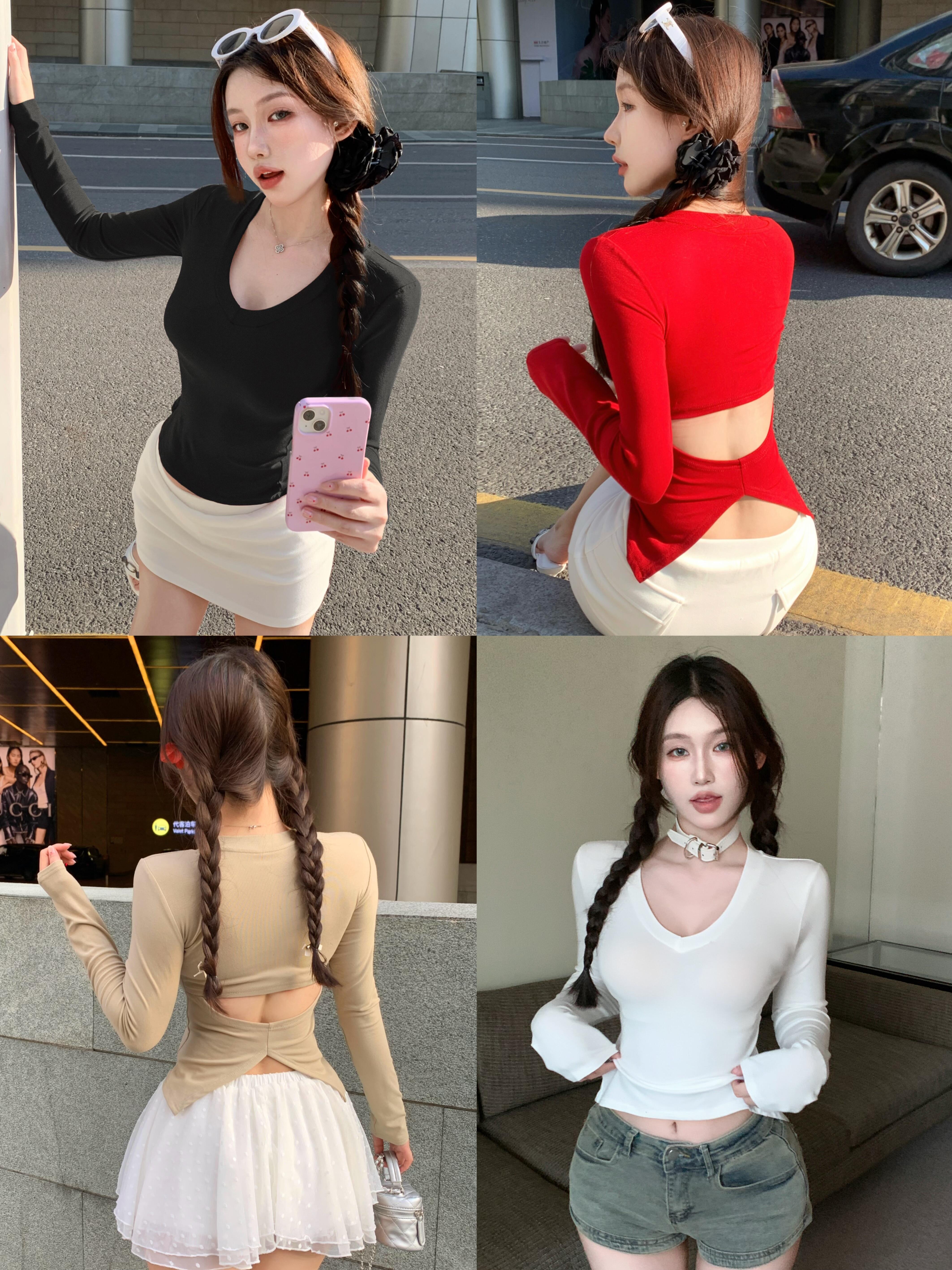 Actual shot of pure-desire backless T-shirt for hot girls, slim-fitting bottoming long-sleeved top