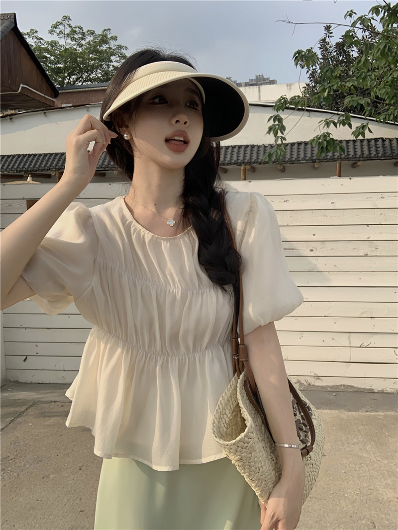 實拍 復古打攬短袖襯衫溫柔風氣質百搭泡泡袖上衣半身裙套裝