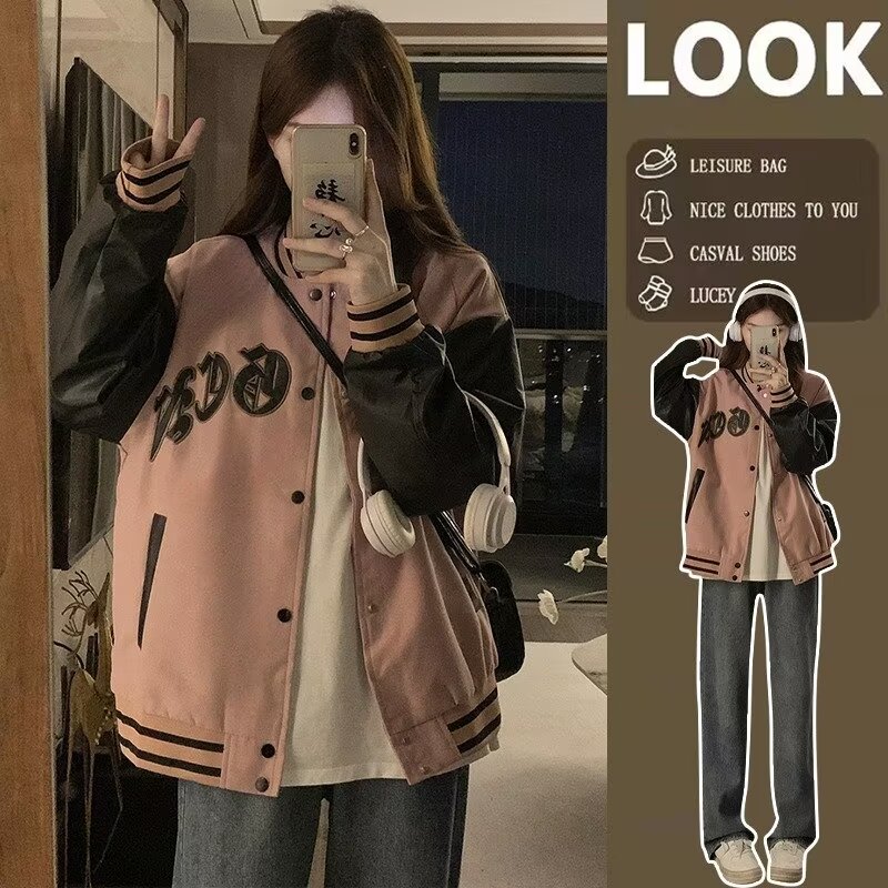 毛呢拼皮加毛巾繡棒球服女春秋新款學生寬鬆復古美式拼接夾克