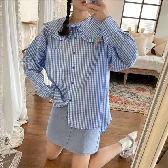 春季新款韓版襯衫女學生寬鬆長袖娃娃領花邊設計感外穿格子上衣潮