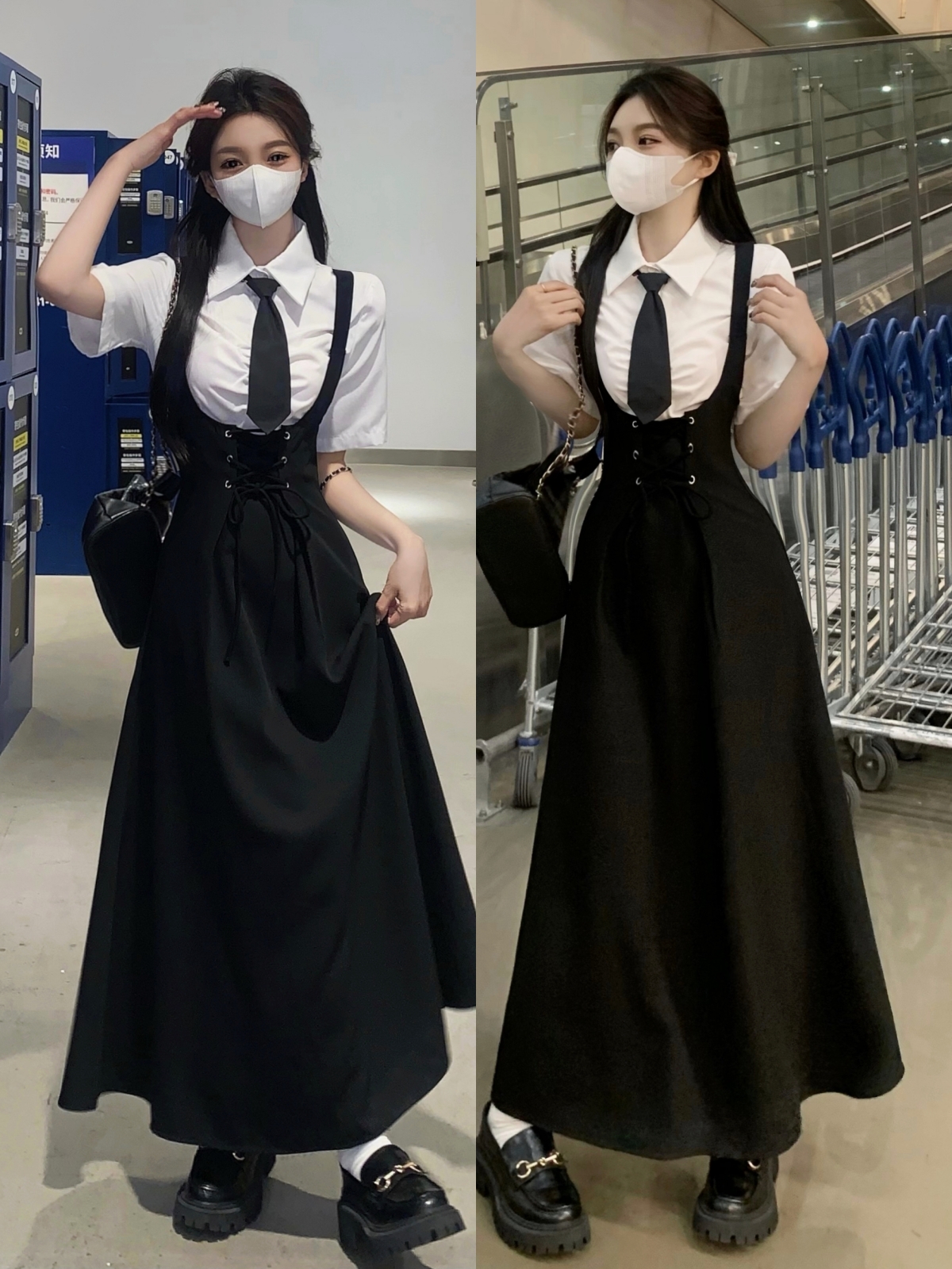 Real shot~ Two-piece set with high-end temperament, slim Hepburn style shirt, waist-cinching suspender skirt