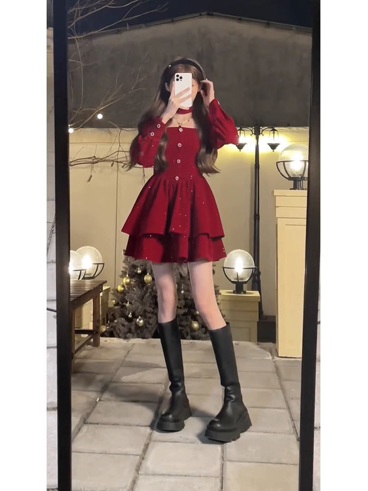 聖誕新年戰袍法式小香風紅色絲絨連衣裙女秋冬在逃公主生日小禮服