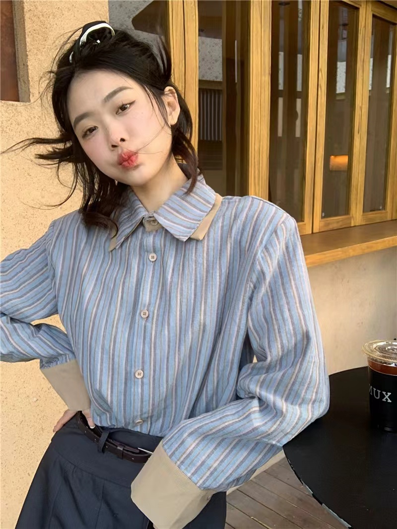 藍色條紋長袖襯衫女春季小個子襯衣設計感小眾法式別致高級感上衣