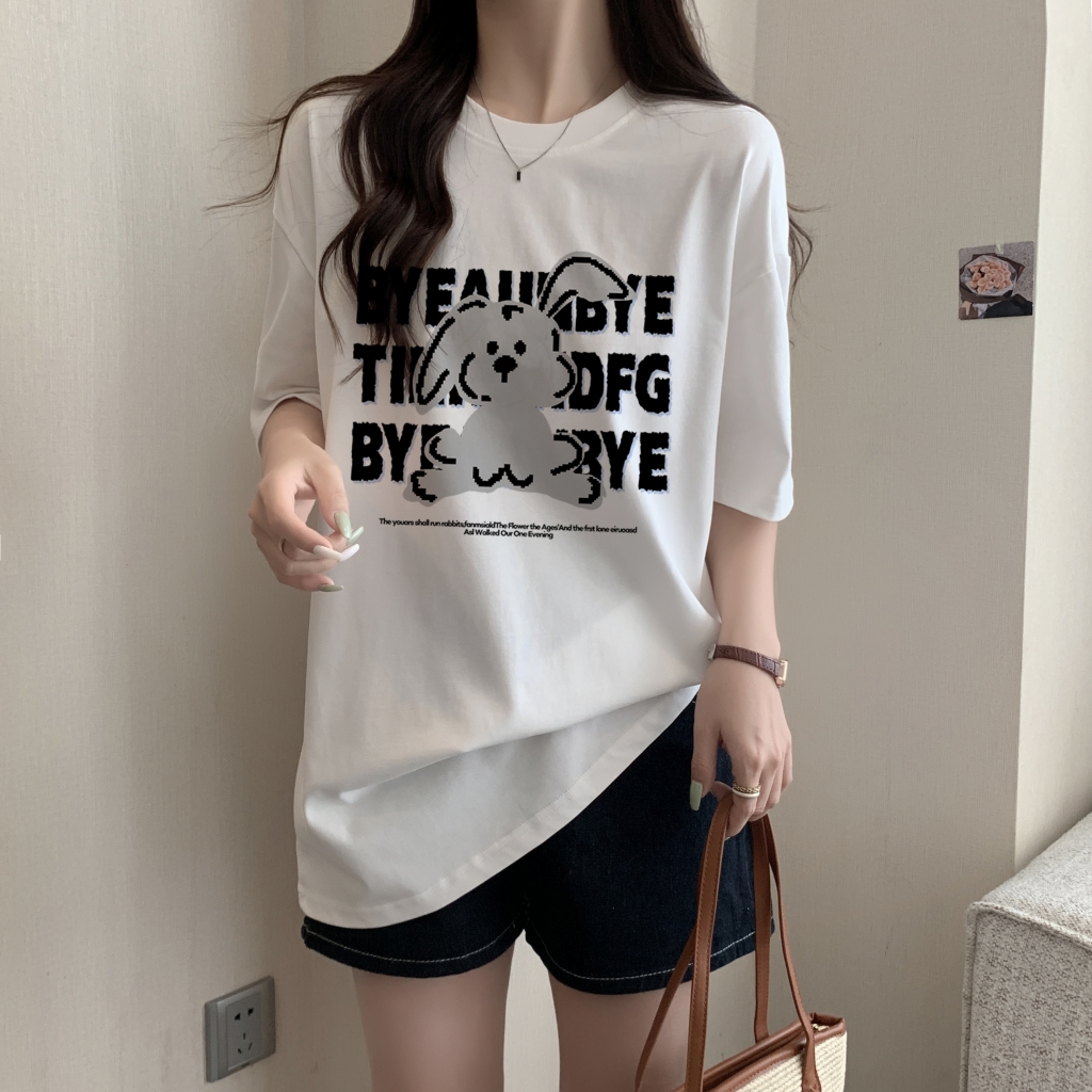 實拍 100%棉精梳純棉 印花夏裝短袖T恤女寬鬆韓版