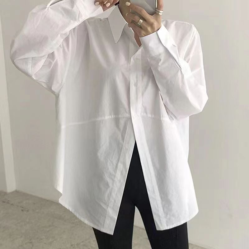 韓國春秋季小眾簡約翻領不規則單排扣寬鬆純色泡泡袖襯衫上衣女