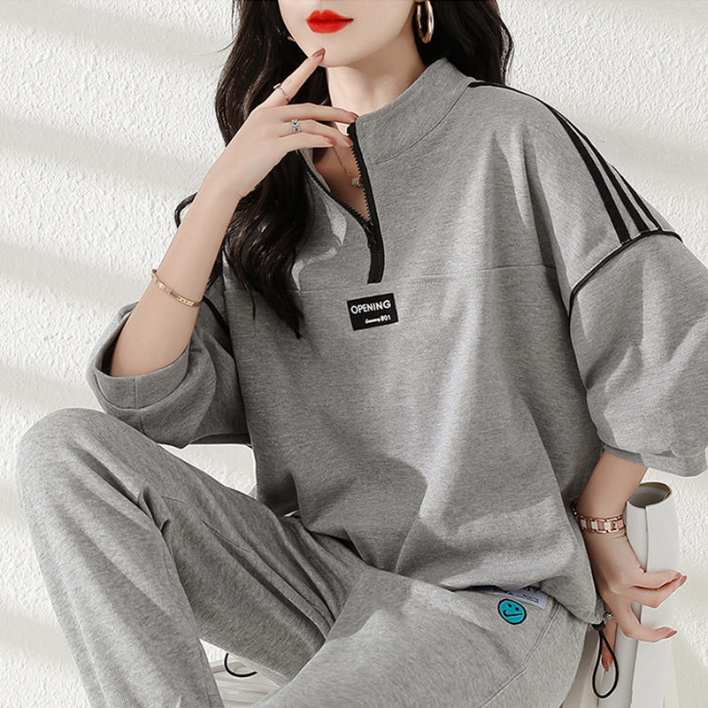 時尚休閒運動服套裝女夏季款韓版寬鬆灰色衛衣衛褲跑步兩件套