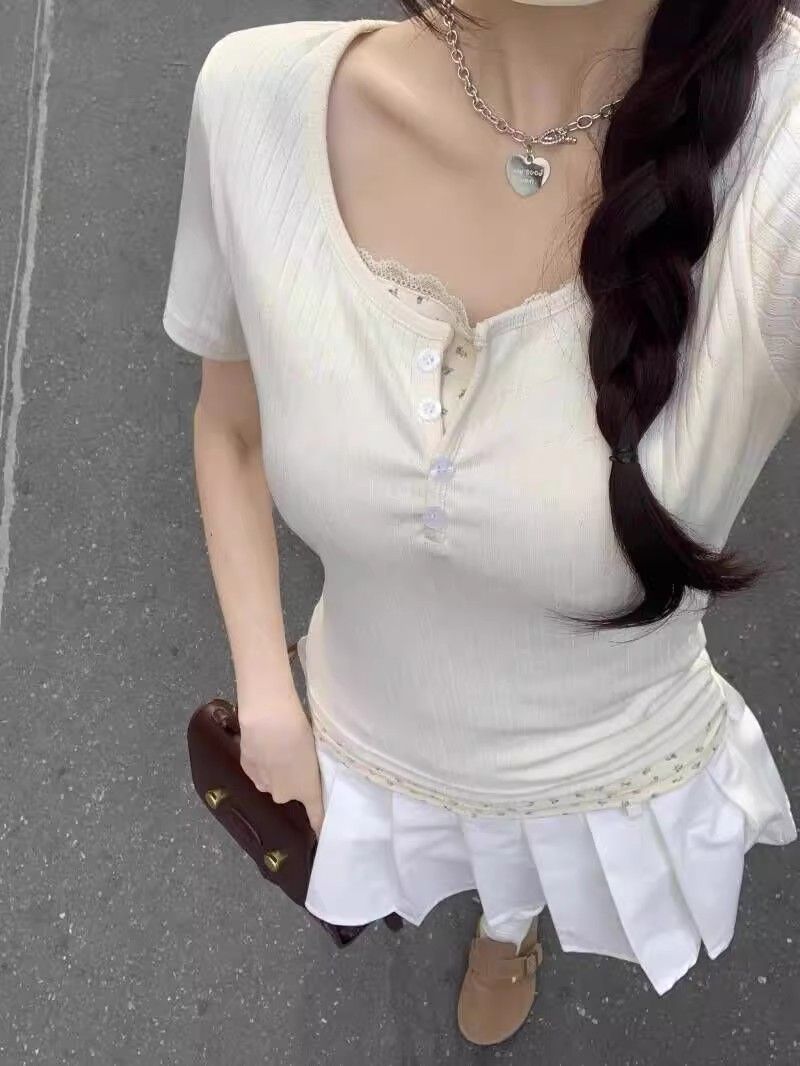 碎花蕾絲假兩件短袖t恤女2024夏季小眾設計感修身顯瘦短款上衣潮