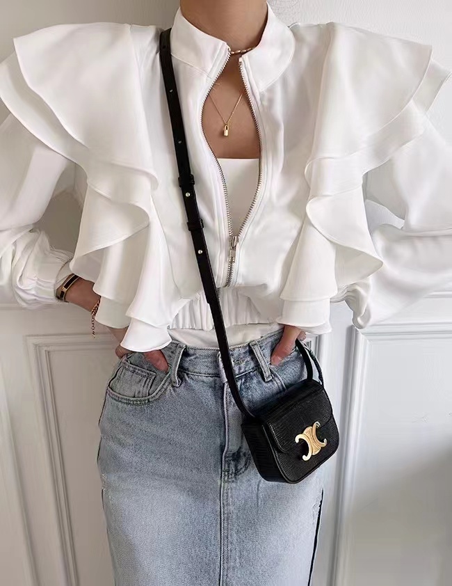 Korean new style stand collar zipper ruffle short elastic waist shirt for women