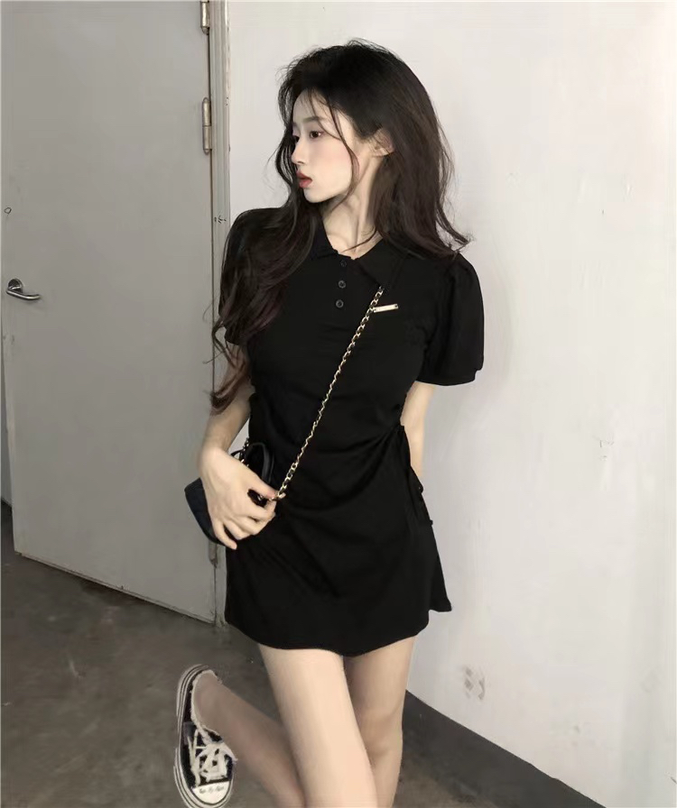 POLO領連衣裙女夏季2024新款抽繩收腰修身顯瘦甜辣純欲風短袖裙子