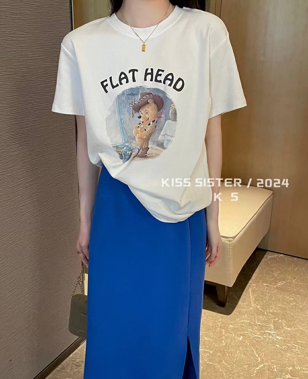 2024春夏韓版休閒百搭字母卡通印花圓領短袖T恤女