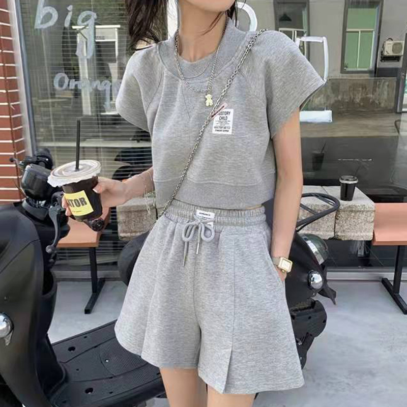 休閒運動服套裝女2024新款韓版寬鬆短袖高腰闊腿短褲時尚兩件套潮