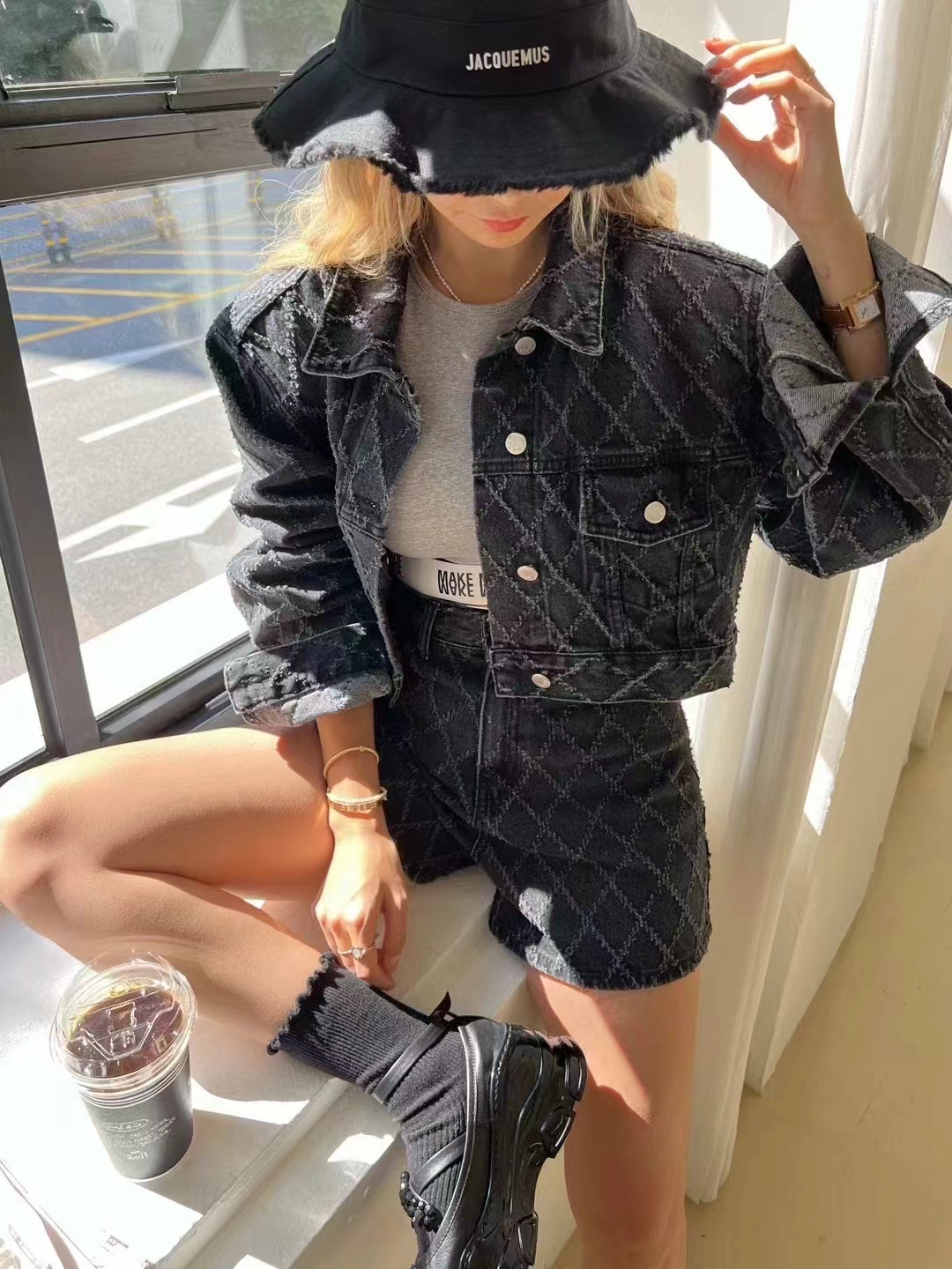 Korea 2024 Handsome Diamond Plaid Lapel Denim Short Jacket + Shorts Trendy Suit