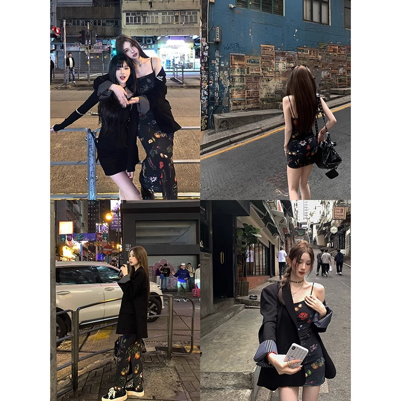 復古收腰吊帶短裙純欲風氣質高級感顯瘦碎花a字連衣裙
