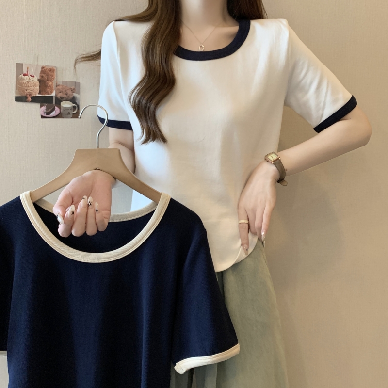 實拍  40支純棉 2024夏裝撞色短袖T恤女ins潮彈力上衣