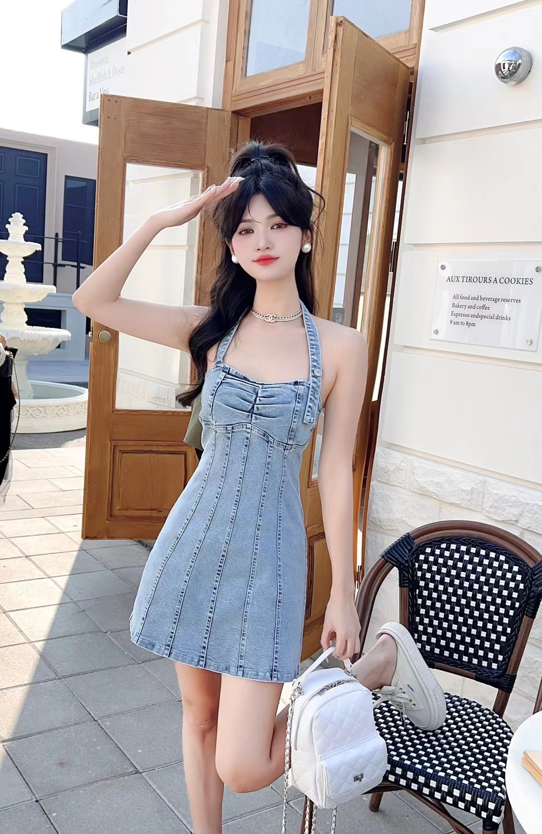 時尚短款2024新款性感純欲氣質收腰高腰辣妹掛脖打底連衣裙子夏季
