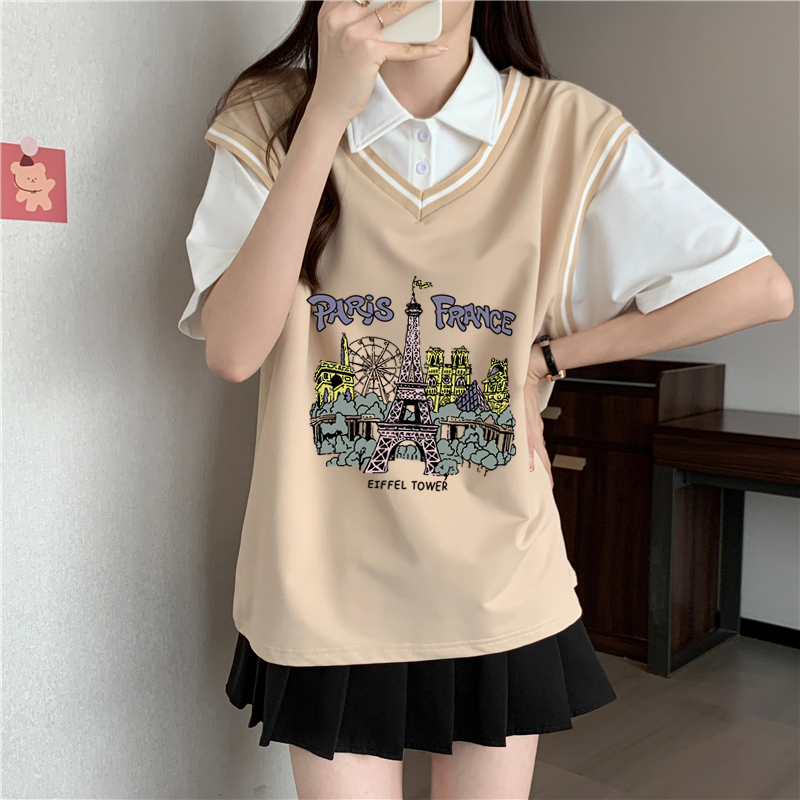實拍100聚酯纖維大碼寬鬆拍Polo假兩件韓版短袖t恤女潮